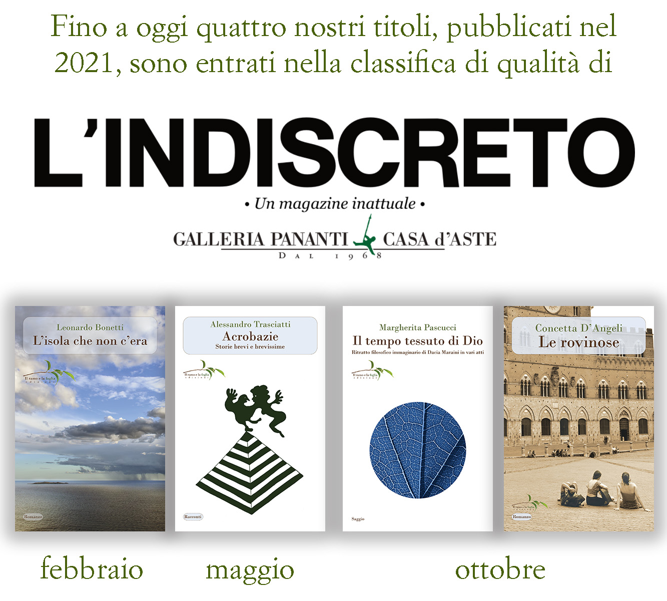 Le copertine dei 4 titoli e il logo di L’Indiscreto