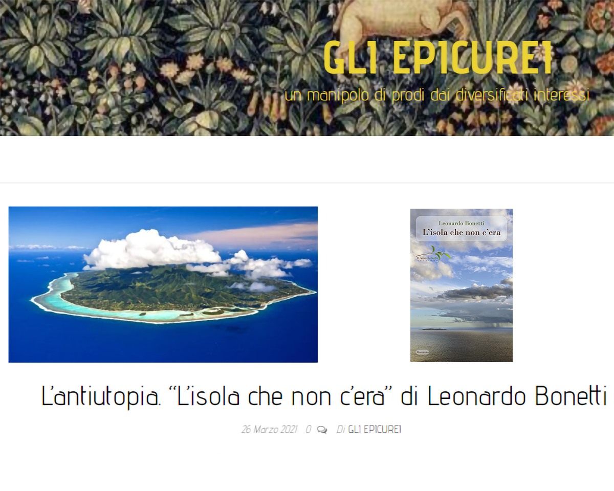 Pagina del sito “Gli Epicurei” con la copertina di “L’isola che non c’era”