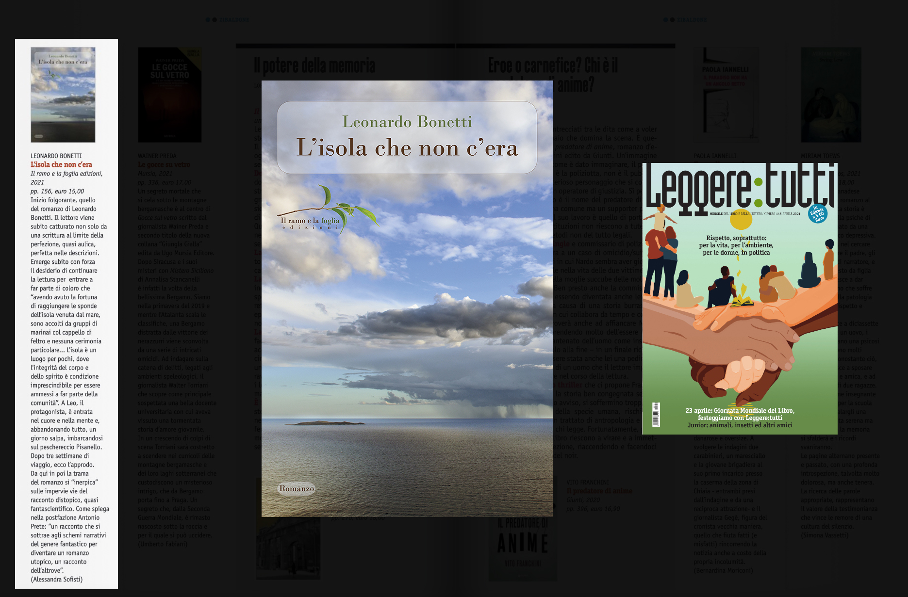 Copertina di “Leggere:tutti” e copertina di “L’isola che non c’era”