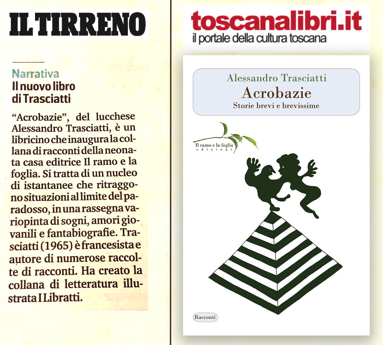 Logo di Il Tirreno, logo di ToscanaLibri.it, copertina di “Acrobazie”